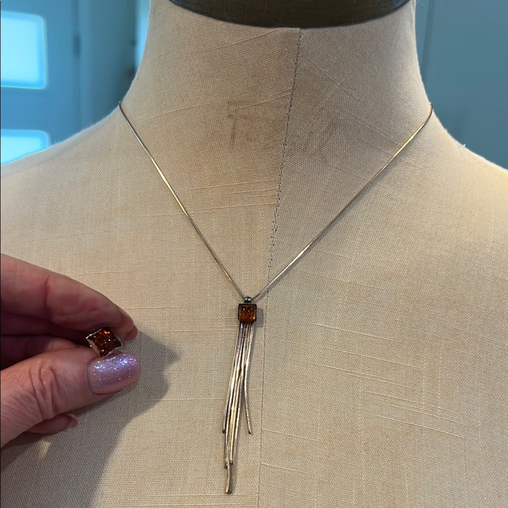Elegant Silver and Baltic Amber Necklace and Earrings Set